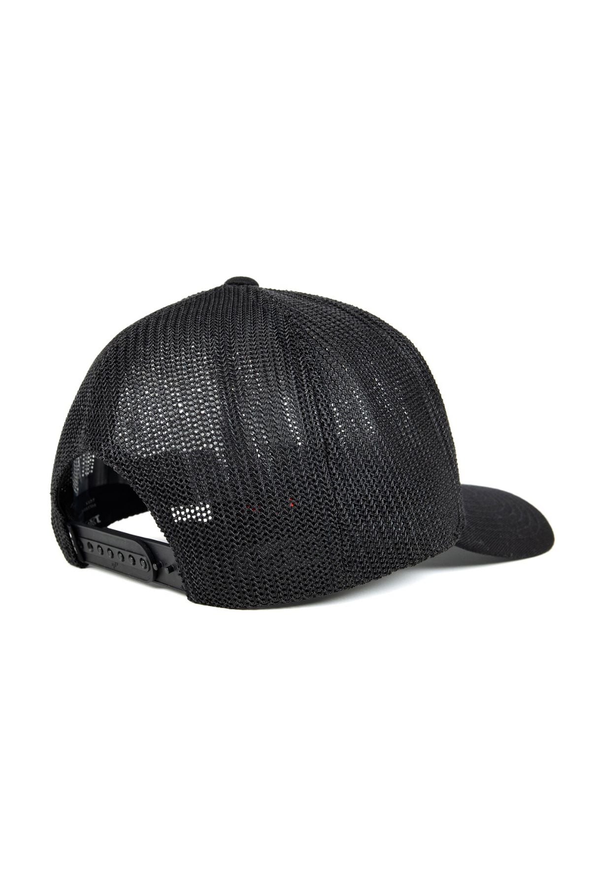 The FlexFit MT Mesh Trucker Cap, shown from the back, features a black mesh design with an adjustable snapback closure and a curved brim for comfort and optimal ventilation.