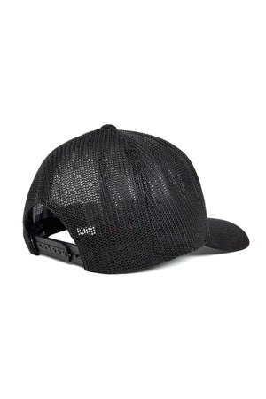 The FlexFit MT Mesh Trucker Cap, shown from the back, features a black mesh design with an adjustable snapback closure and a curved brim for comfort and optimal ventilation.