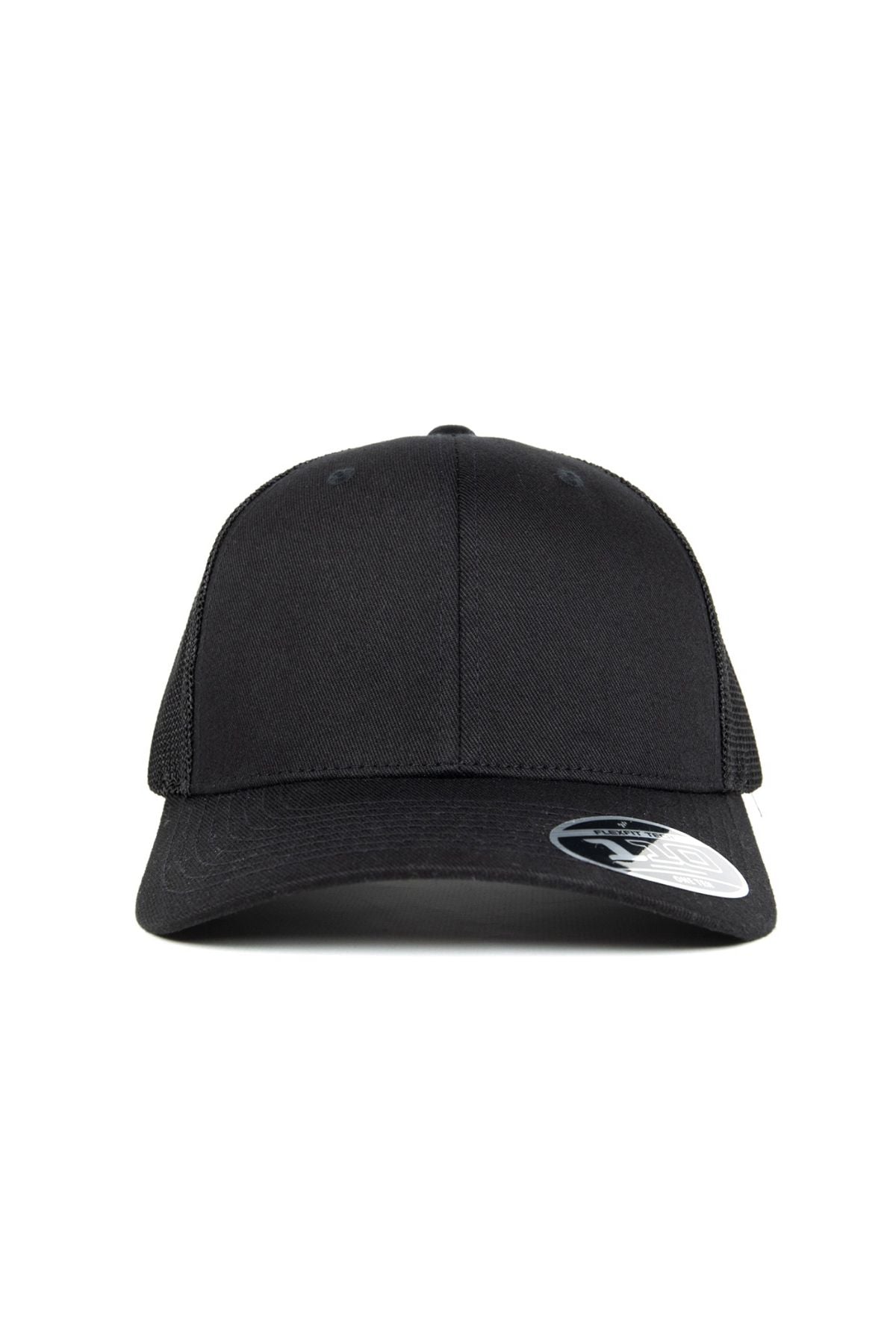 The FlexFit MT Mesh Trucker Cap, shown from the front, features a plain black design with a curved brim, breathable mesh back, and an adjustable snapback for a perfect fit. A sticker is visible on the brim.