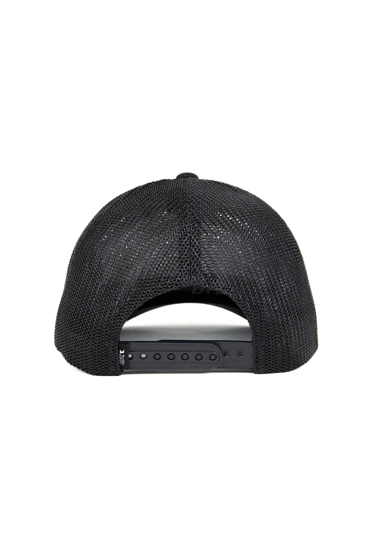 Back view of the FlexFit MT Mesh Trucker Cap in black, featuring a breathable mesh design and adjustable snapback closure, set against a white background for a stylish and comfortable casual look.