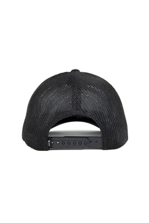 Back view of the FlexFit MT Mesh Trucker Cap in black, featuring a breathable mesh design and adjustable snapback closure, set against a white background for a stylish and comfortable casual look.