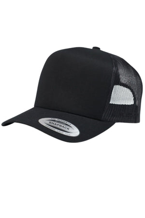 The FlexFit Trucker Cap is black with mesh back panels, a curved brim, and an adjustable snapback closure, shown on a white background.