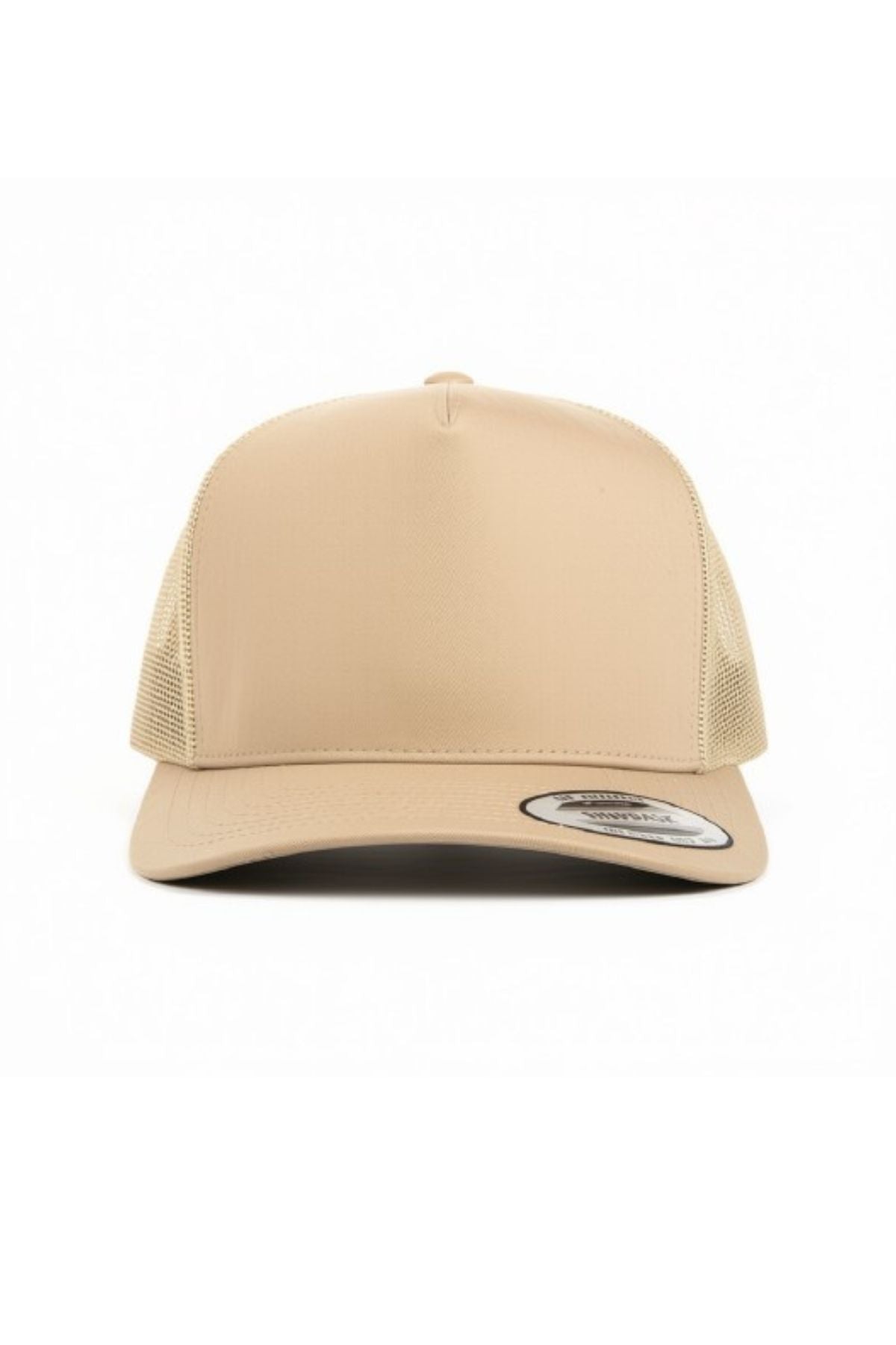 The FlexFit Trucker Cap is a beige hat with a curved brim, mesh back panels, and a front sticker, displayed front-facing against a white background. It includes an adjustable snapback closure for a comfortable fit.