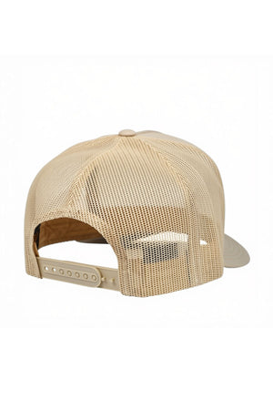 The FlexFit Trucker Cap is displayed from the back, highlighting its classic beige mesh back for breathability, adjustable snap back strap, and curved brim.