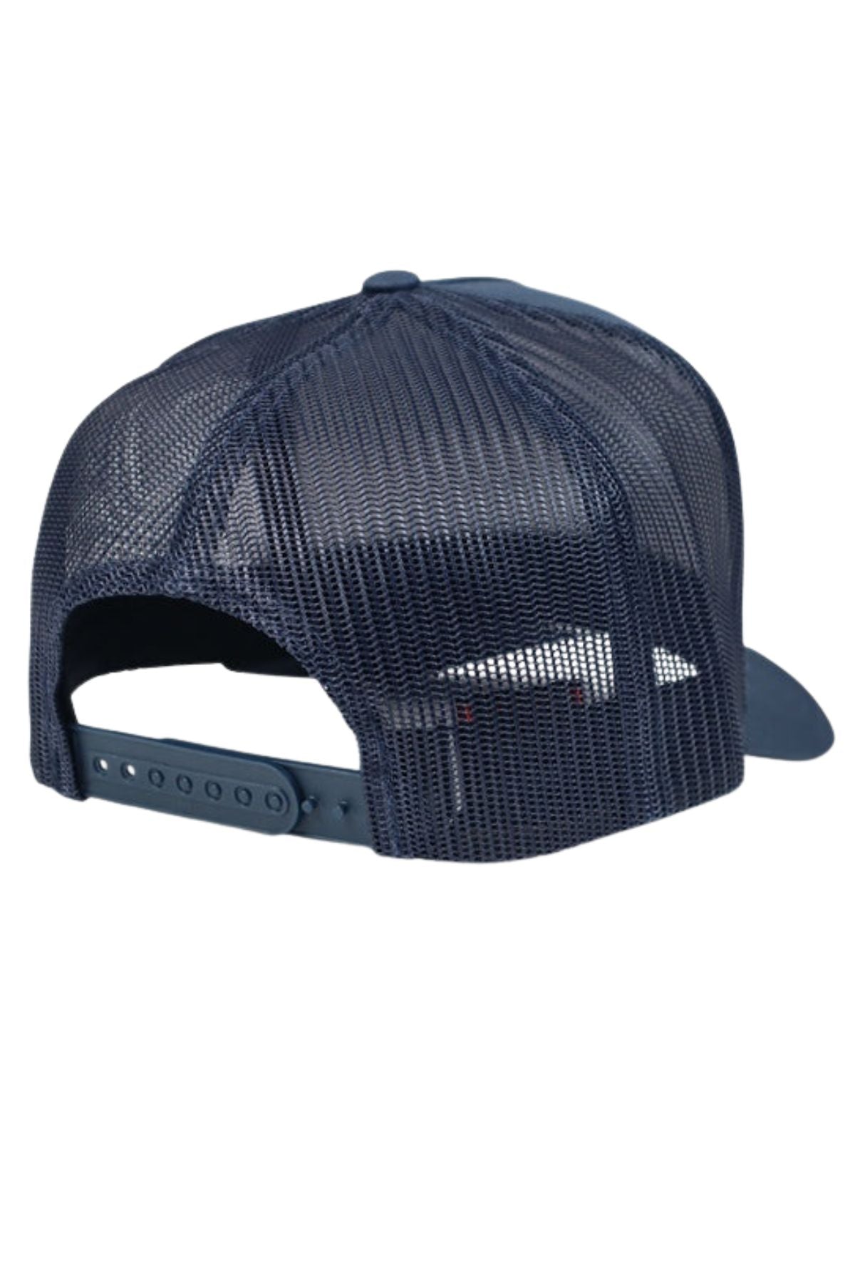 The FlexFit Trucker Cap in navy blue is shown from the back, highlighting its mesh back, adjustable snapback closure, and curved brim.