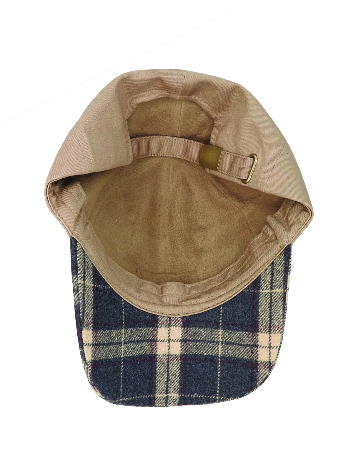 The Flinders Wool Blend Check Cap is displayed from above, showcasing its beige tone with a plaid design of blue and beige checks on the brim. Visible inside is an adjustable strap with a metal buckle. Its cozy fleece lining complements the stylish exterior against a plain white background.