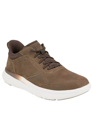 The Florsheim Fleet Perf Sneaker is a brown athletic shoe featuring a perforated design, brown laces, padded collar, thick white sole, and Comfortech footbed, displayed at an angle on a white background.