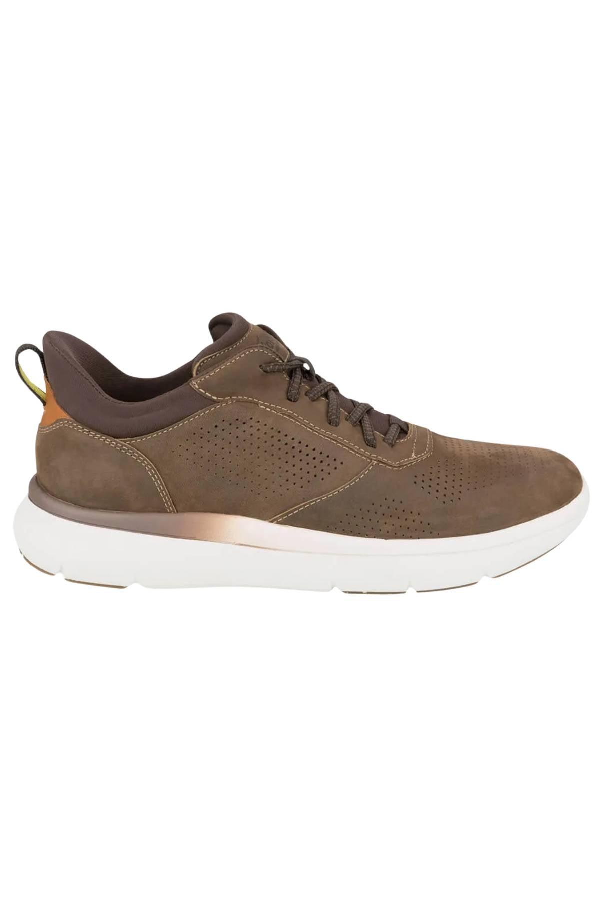 The Florsheim Fleet Perf Sneaker is a brown athletic shoe with a perforated leather upper, SupaStep design, white rubber sole, dark brown laces, and a tan accent on the heel.