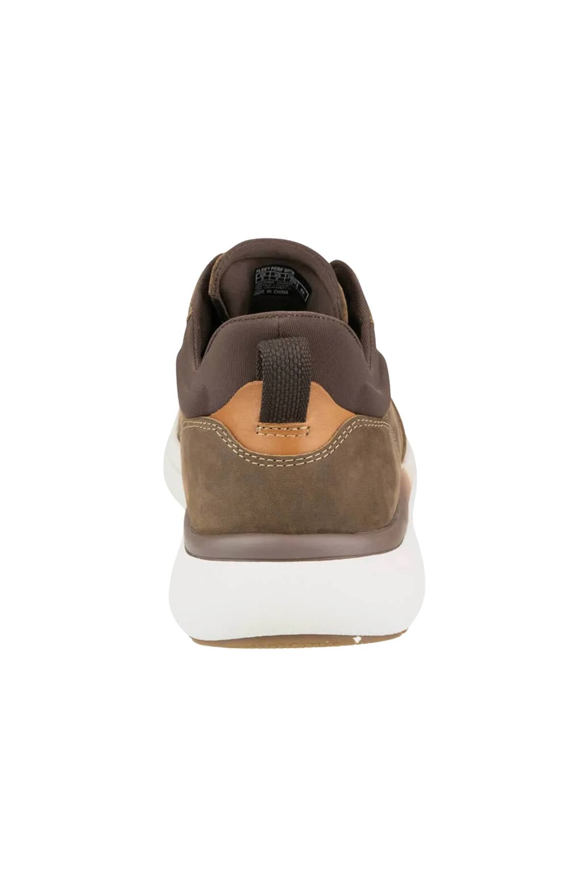 Rear view of the Florsheim Fleet Perf Sneaker in brown and tan with a white sole, heel pull tab, visible stitching, and Comfortech footbed for enhanced comfort.