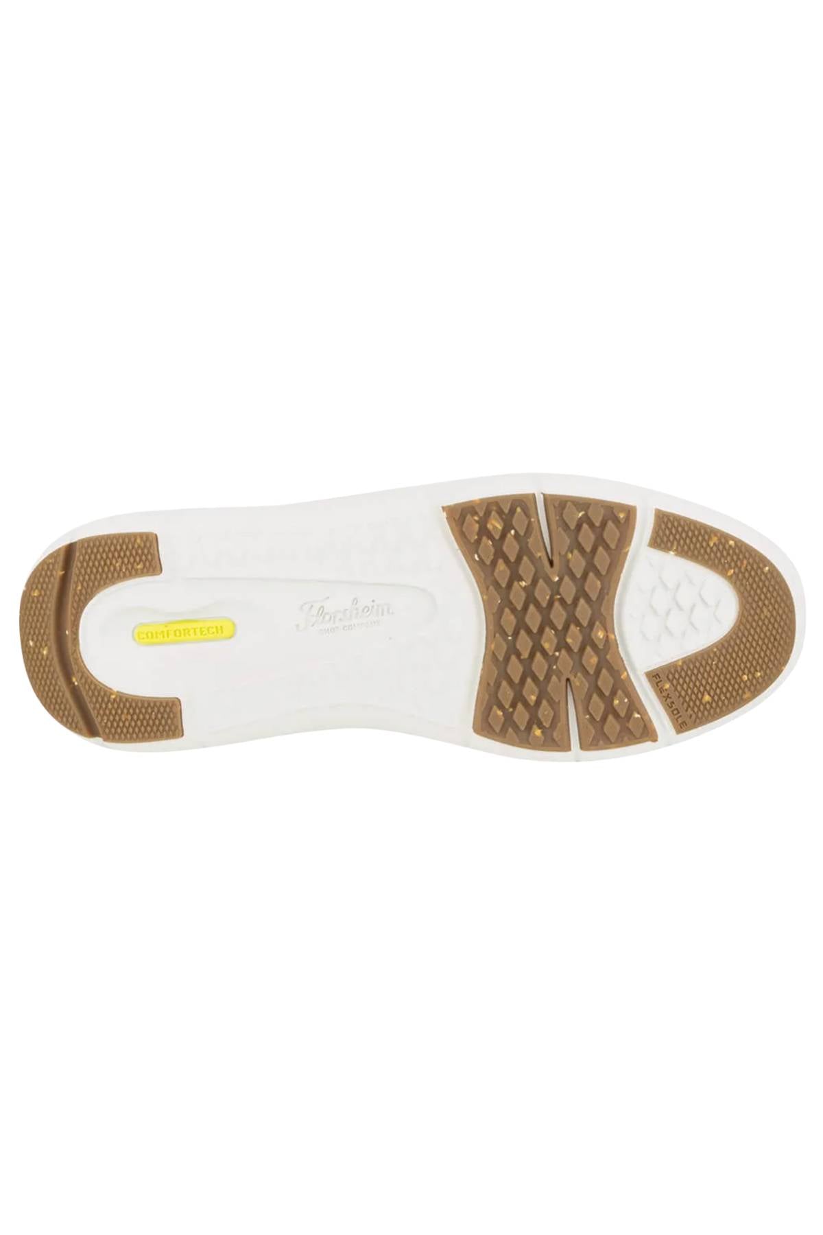 The image shows the brown and white treaded sole of the Florsheim Fleet Perf Sneaker, featuring a yellow Vibram logo and textured grip patterns for traction.