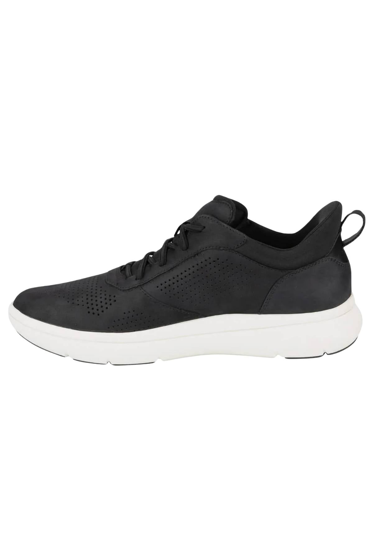 The Florsheim Fleet Perf Sneaker in black features a white sole, SupaStep design, side perforations, and lace-up closure, shown in a side profile against a plain white background.