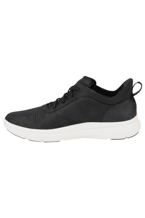 The Florsheim Fleet Perf Sneaker in black features a white sole, SupaStep design, side perforations, and lace-up closure, shown in a side profile against a plain white background.
