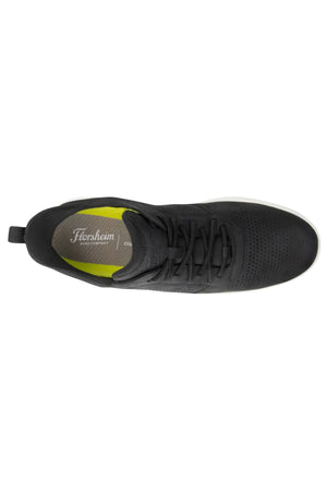 Top view of the Florsheim Fleet Perf Sneaker with black laces, perforated toe detailing, a gray and lime green Comfortech insole, and a white sole.