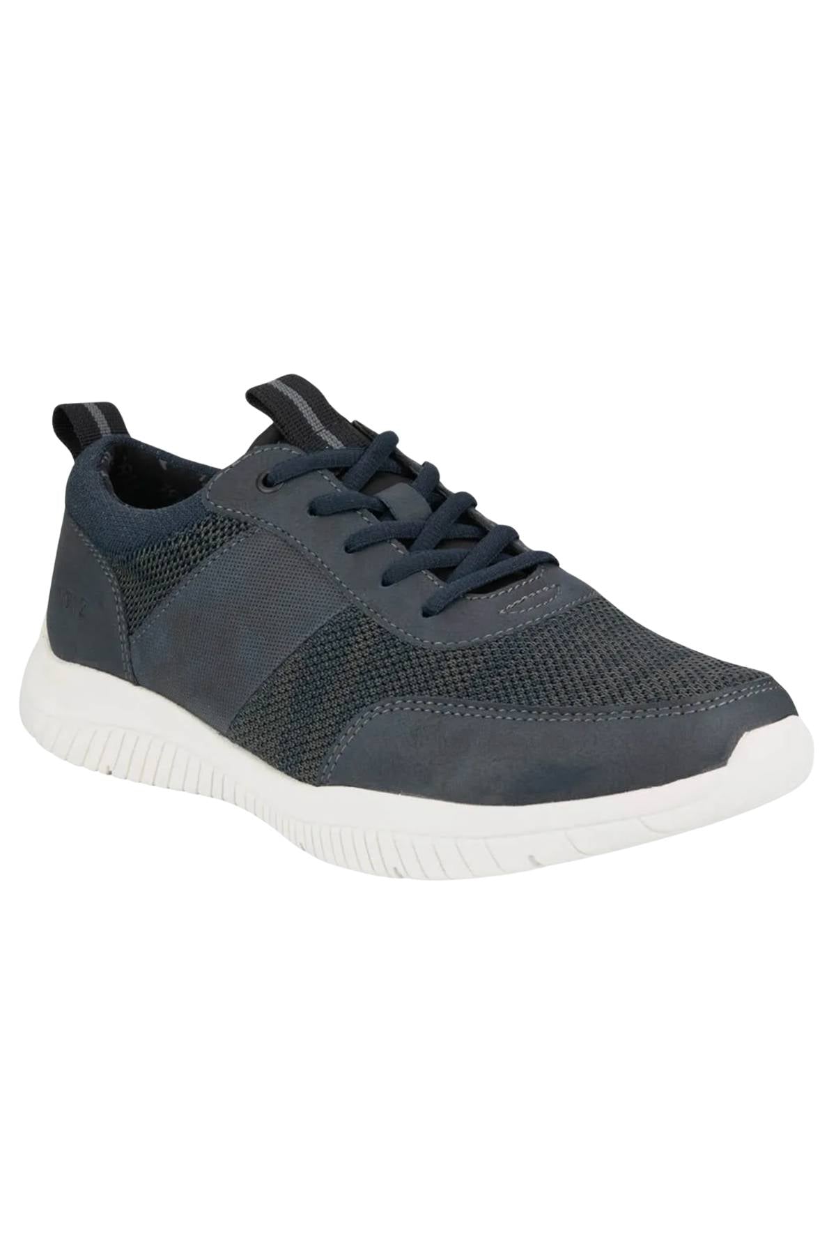 The Florsheim Kore City Pass Sneaker features a dark blue mesh upper, lace-up closure, white rubber sole, Comfort Gel heel pod, and heel pull tab for a modern look and all-day comfort.