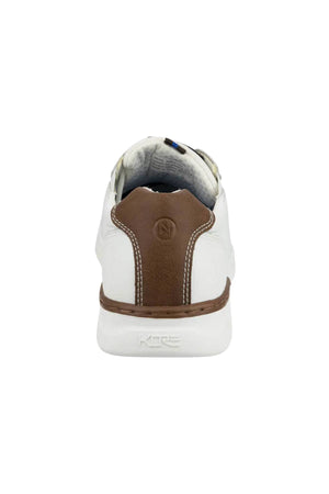 A rear view of the Florsheim Kore Tour Lace Sneaker in white, showcasing a brown genuine leather heel accent with visible stitching, an embossed "N" on the back, and "KORE" marked on its lightweight EVA sole.