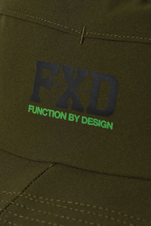Close-up of olive green FXD CP-14 Boonie Hat fabric with "FXD" in black and "FUNCTION BY DESIGN" in green printed on it; visible seam stitching adds durability and sun protection for outdoor work.