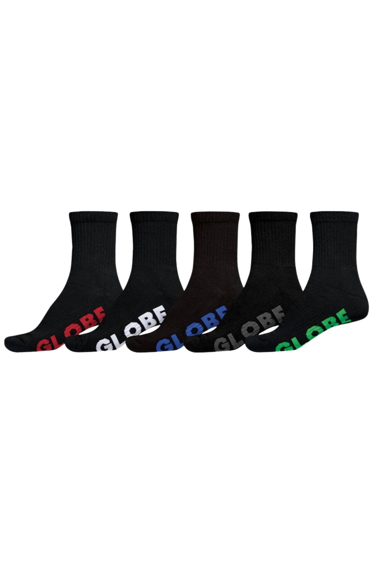 The Globe Stealth Crew Sock 5 Pack includes five pairs of black ribbed ankle socks, each featuring "GLOBE" printed in a different colorβred, white, blue, gray, and greenβon the toes. These casual crew socks are perfect for everyday comfort and add a splash of color to your Globe collection.