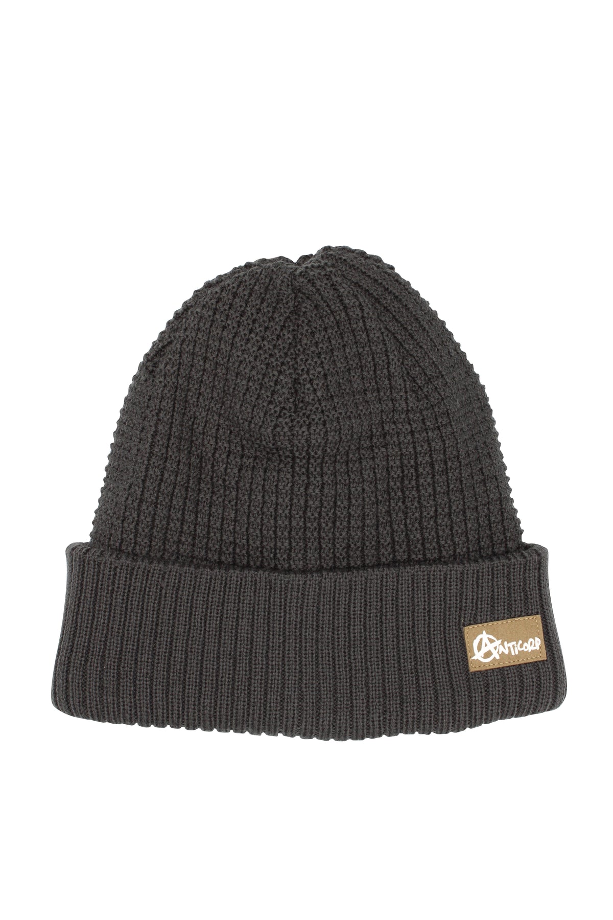 The Anticorp Grid Lined Beanie is made from 100% acrylic with a black ribbed knit and folded cuff, featuring a small brown patch with a white logo and text, enhancing its simple, casual design.