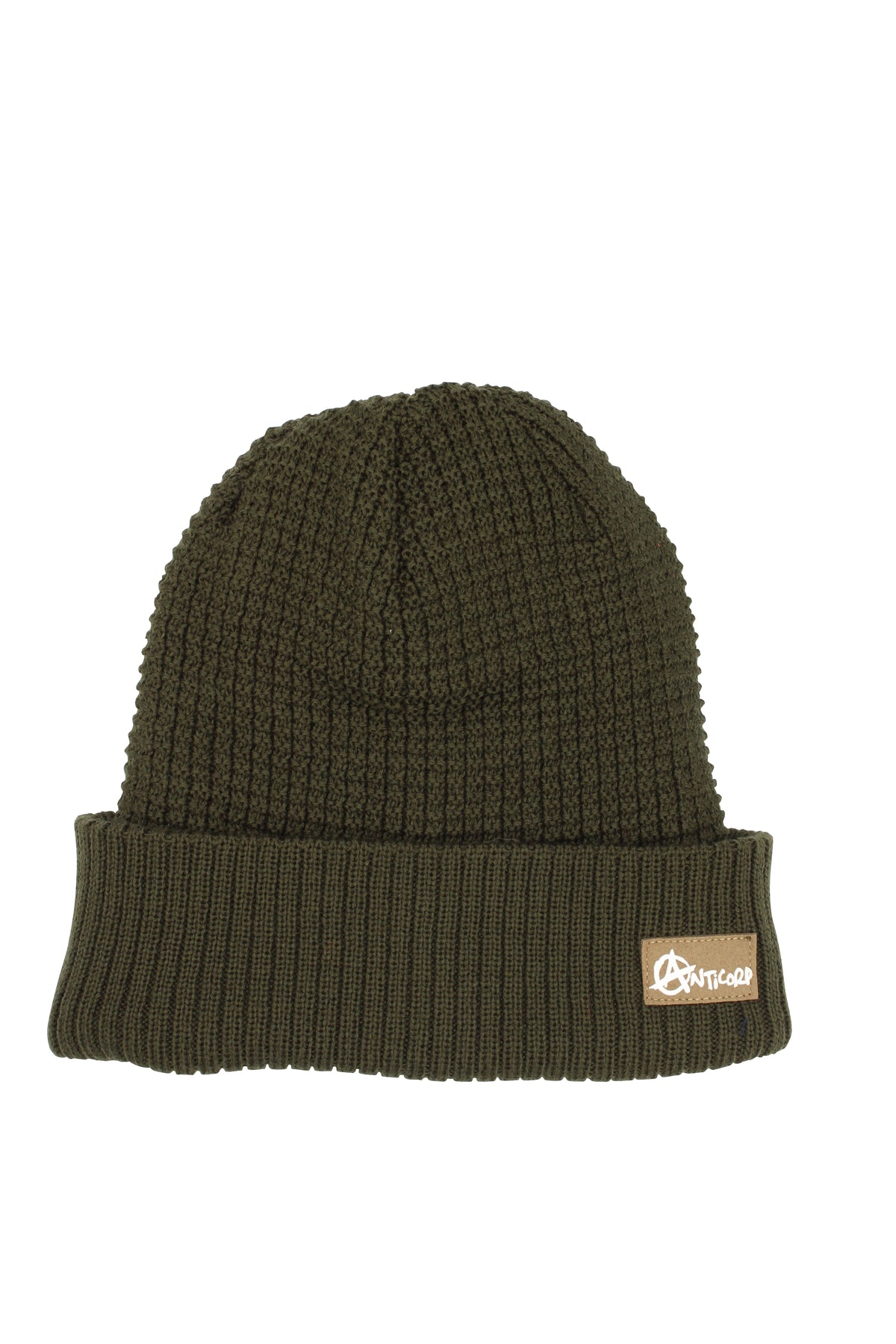 The Anticorp Grid Lined Beanie is a dark green acrylic knit hat with a folded brim and a small rectangular patch featuring a white logo on the brim.