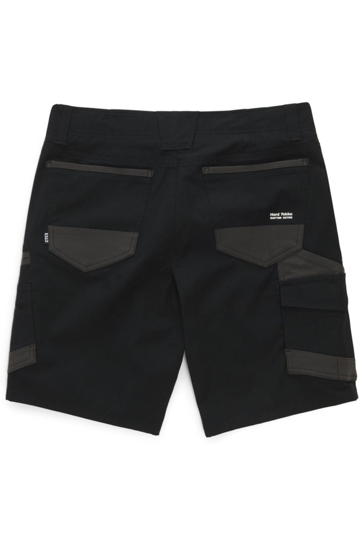 The Hard Yakka Raptor Mid Short features a black and dark green back view with multiple pockets, crafted using Repreve ECO Ripstop Technology. These shorts have a subtle text logo near a back pocket and an Active Fit stretch waistband with belt loops for added comfort.