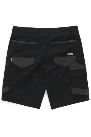 The Hard Yakka Raptor Mid Short features a black and dark green back view with multiple pockets, crafted using Repreve ECO Ripstop Technology. These shorts have a subtle text logo near a back pocket and an Active Fit stretch waistband with belt loops for added comfort.