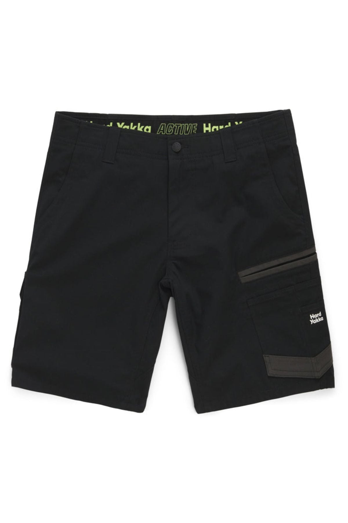 Black Hard Yakka Raptor Mid Short with multiple pockets, including a right-side Velcro-flap pocket. The Active Fit stretch waistband features "Hard Yakka" and "ACTIVE" in green. Made with Repreve ECO Ripstop Technology for durability and eco-friendly wear.