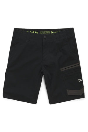Black Hard Yakka Raptor Mid Short with multiple pockets, including a right-side Velcro-flap pocket. The Active Fit stretch waistband features "Hard Yakka" and "ACTIVE" in green. Made with Repreve ECO Ripstop Technology for durability and eco-friendly wear.