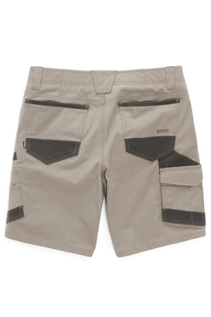 Rear view of the Hard Yakka Raptor Mid Shorts in khaki, showcasing two back pockets with flap closures and black detailing. The right side features an additional cargo pocket on the thigh, complemented by a smaller flap pocket above it. Equipped with belt loops, reinforced stress points, and an Active Fit stretch waistband, these work shorts are built for durability.
