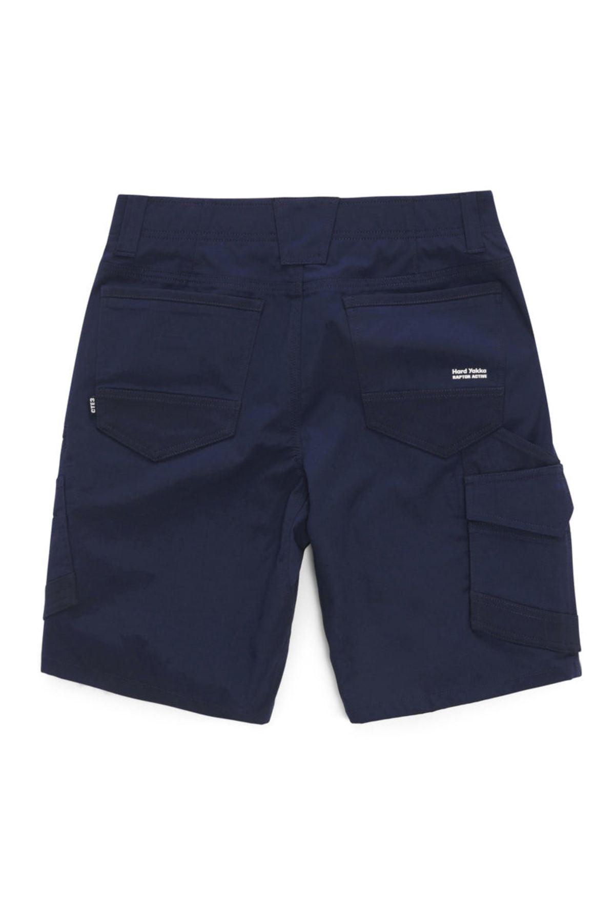 Hard Yakka Raptor Mid Short in navy blue shown from the back with two large rear pockets, two side cargo pockets, small white text near the right back pocket, and an Active Fit stretch waistband for comfort.