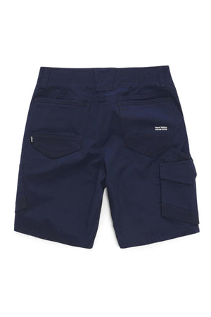 Hard Yakka Raptor Mid Short in navy blue shown from the back with two large rear pockets, two side cargo pockets, small white text near the right back pocket, and an Active Fit stretch waistband for comfort.