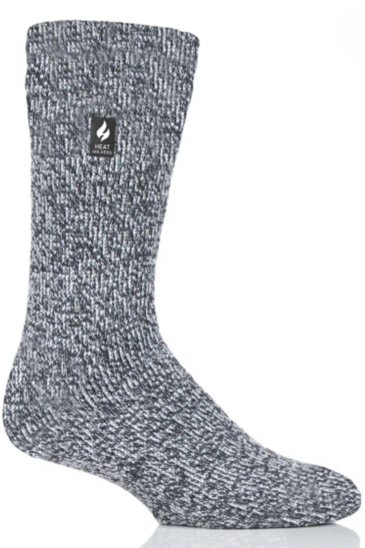 The Heat Holders Original Thermal Sock is shown upright on a white background in a gray and black marled design with a visible side label. Ideal for keeping feet warm on cold days.