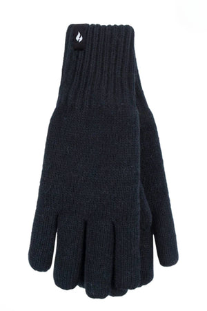 The Heat Holders Oslo Men's Thermal Gloves, black with ribbed cuffs and a small flame logo tag, are designed for superior warmth retention and are shown laid flat on a white background.