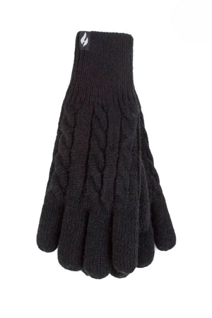 A pair of Heat Holders Willow Ladies Thermal Gloves in black with a cable knit pattern and a small fabric tag near the wrist, stacked neatly with fingers pointing forward.