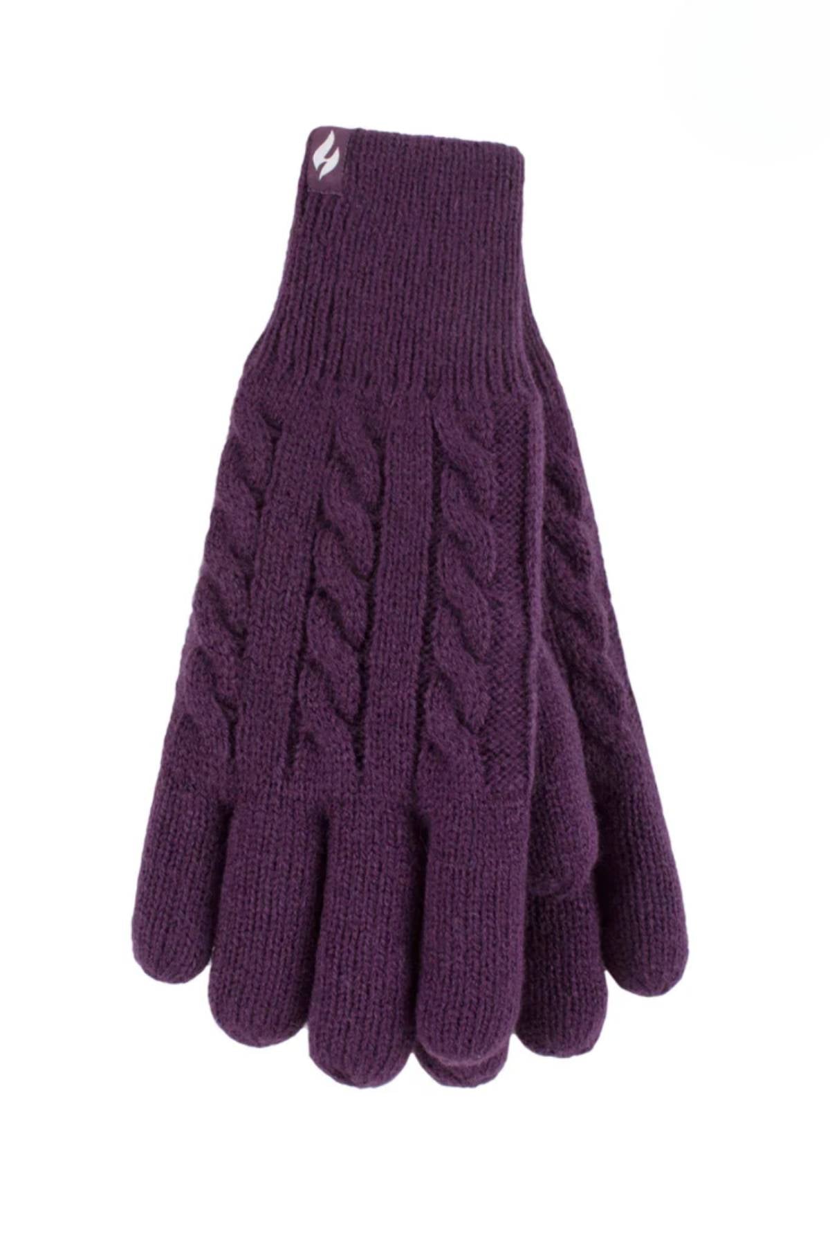 Heat Holders Willow Ladies Thermal Gloves in purple, featuring a cable-knit pattern on the back, are perfect for outdoor activities and displayed against a white background.