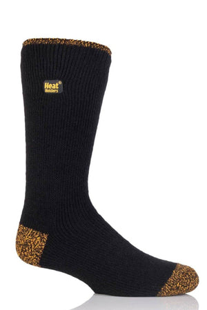 A single black Heat Holders WRK Original Work Sock, diabetic friendly, featuring yellow-orange speckled accents on the toe, heel, and top edge, displayed against a white background.