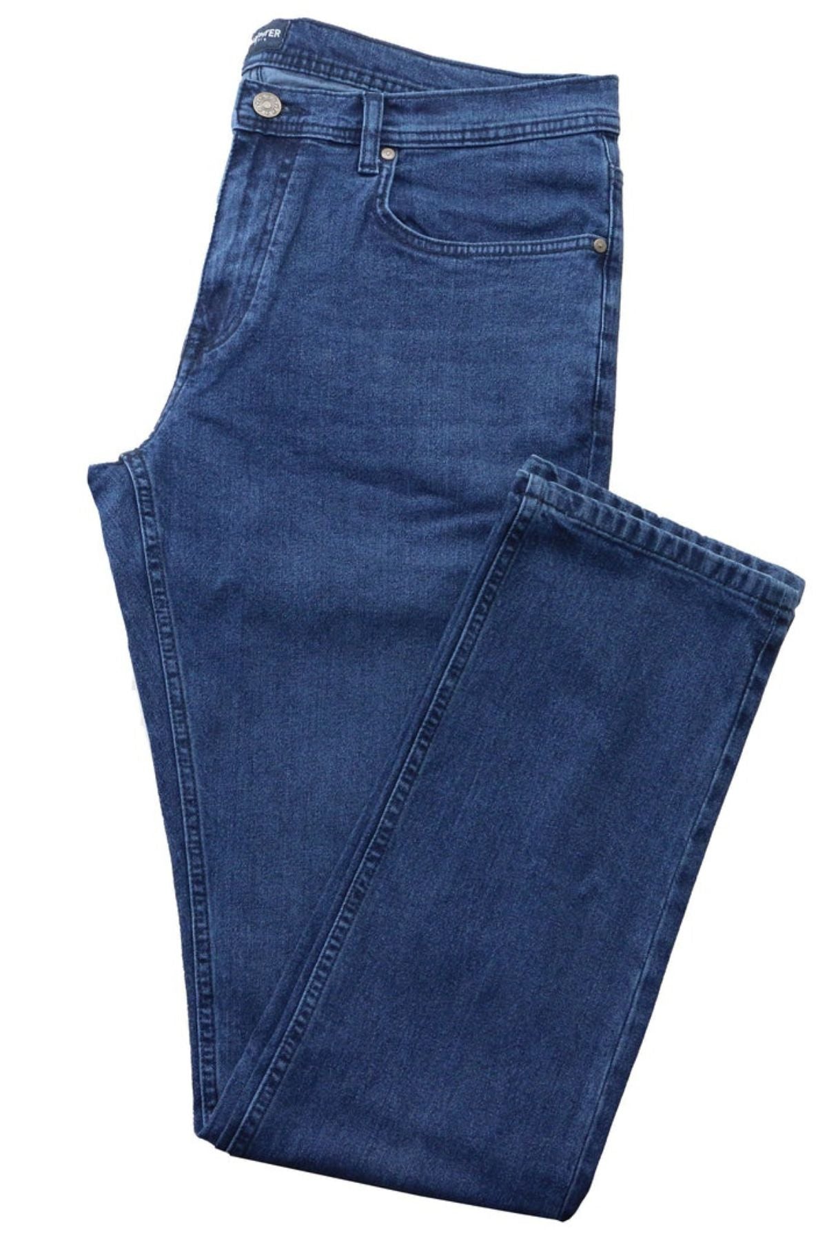 A pair of Hechter Dallas Stretch Jeans in blue with a regular tapered fit is neatly folded, showcasing the waistband and pockets, and lies flat against a white background.