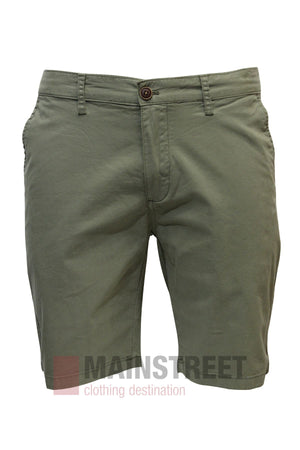 The Hechter Lucas Stretch Cotton Short is a knee-length, olive green pair with belt loops, side pockets, and a button closure for comfort. The "MAINSTREET clothing destination" brand logo appears at the bottom of the image.