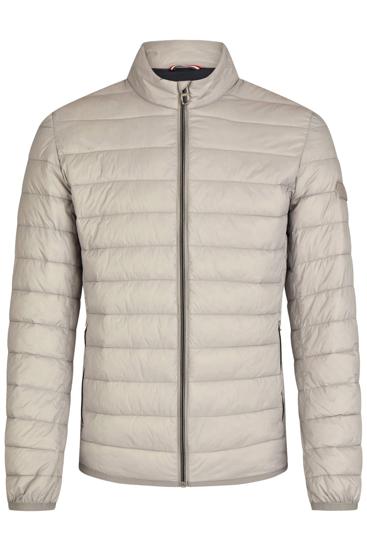 A light beige Hechter Puffer Jacket with a quilted design, front zipper, long sleeves, stand-up collar, horizontal stitching, rubber logo patch, and zipper side pockets is shown on a white background.