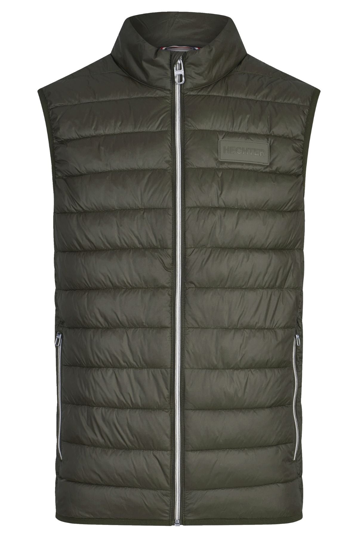 The Hechter Puffer Vest features a sleeveless, olive green quilted design with a front zipper, two zippered side pockets, a stand-up collar, horizontal stitching, and a small rectangular logo on the left chest.