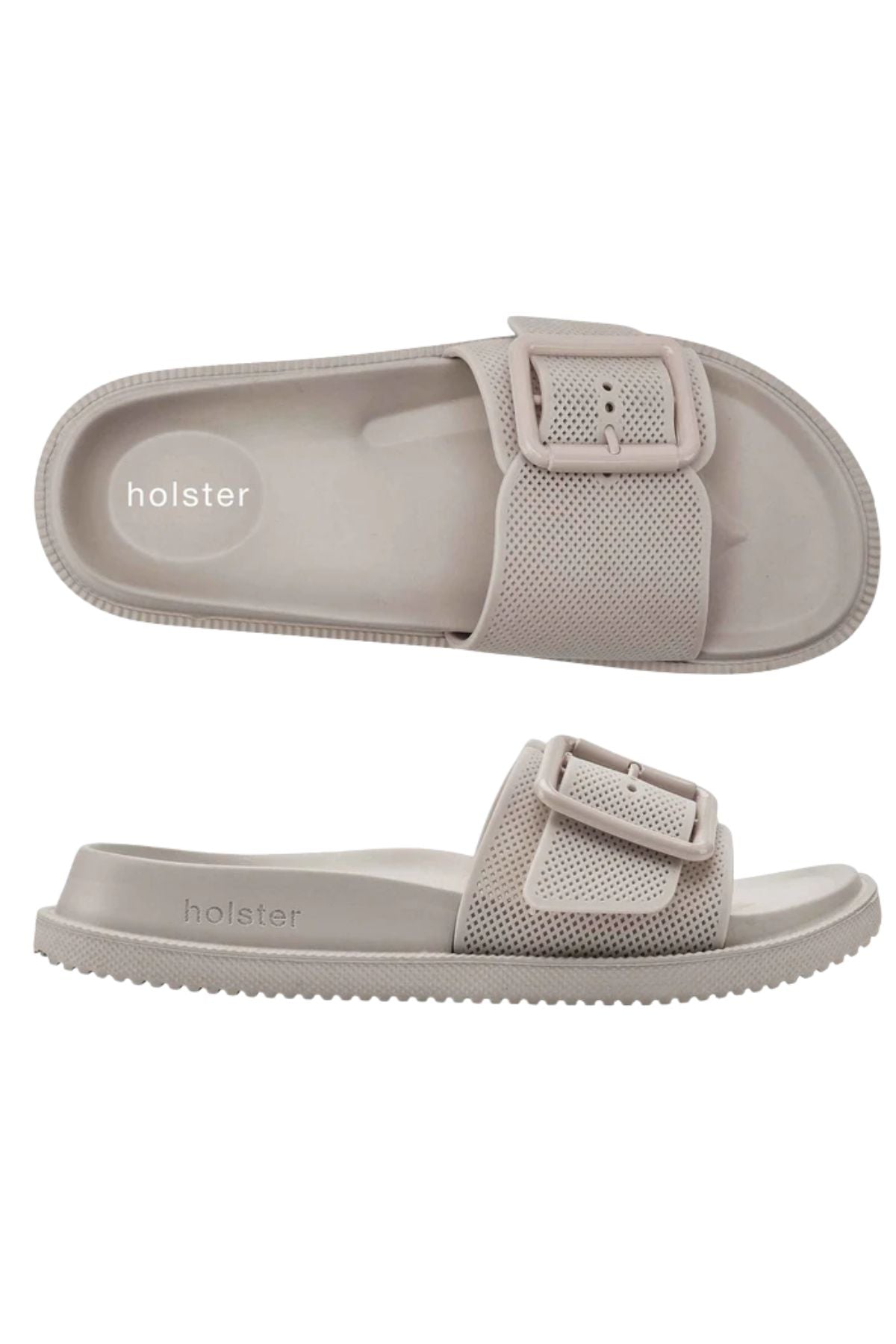 Two views of the Holster Laze slide sandal in light beige, featuring a large textured strap with adjustable buckle, contoured footbed with arch support, and visible "holster" branding. Top view shows the shape; side view displays strap and sole details.