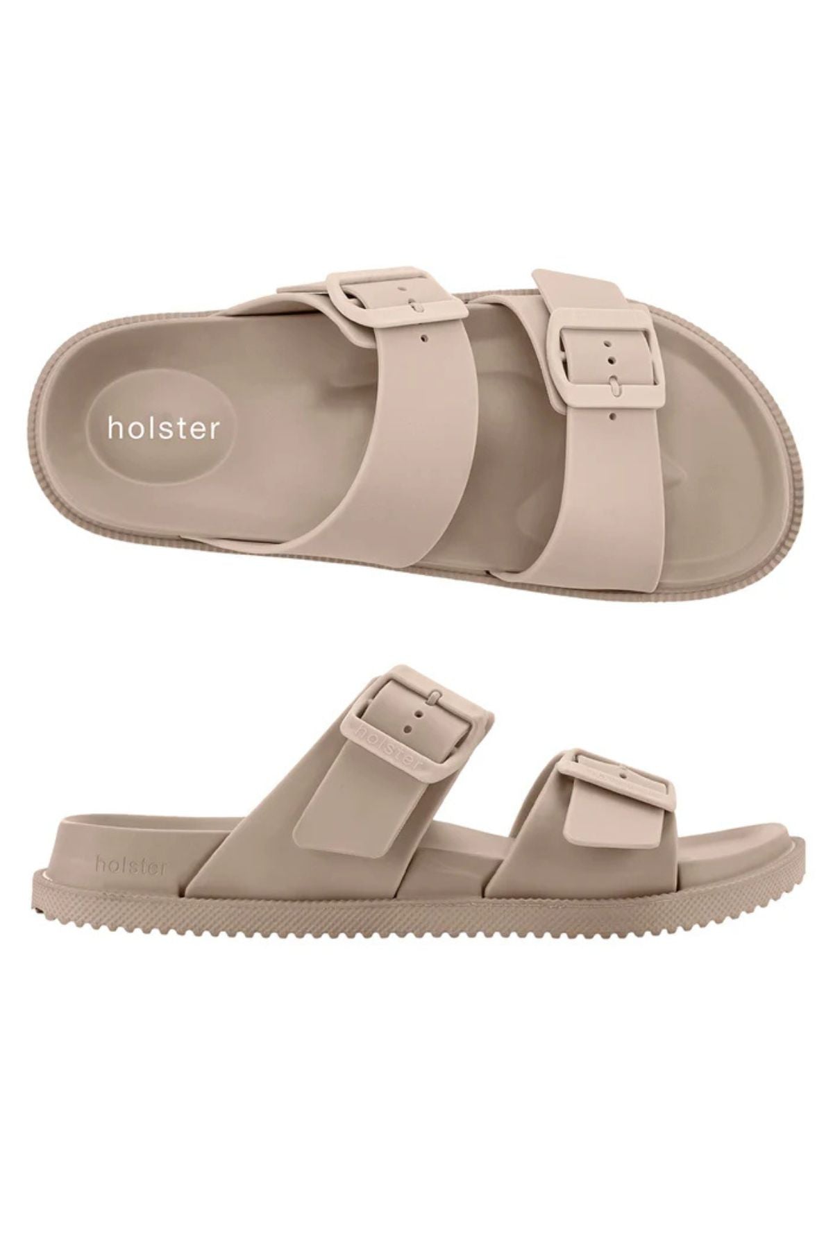 The Holster Soleseeker features beige vegan slip-on sandals with two wide straps and rectangular buckles. One sandal is shown top view, the other side view, both displaying the "holster" branding on the footbed.