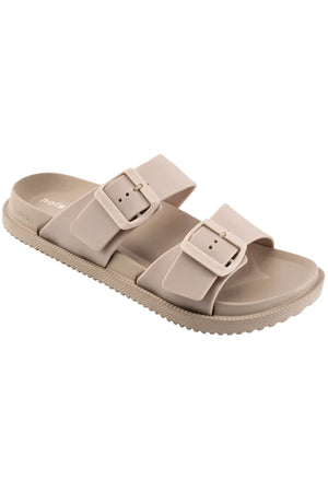 The Holster Soleseeker is a beige vegan slide sandal with two wide buckled straps, a textured sole, open toe design, and supportive arch comfort.