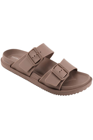 The Holster Soleseeker is a brown vegan sandal with two adjustable, large-buckle straps and a textured, waterproof rubber sole. Shown against a white background.