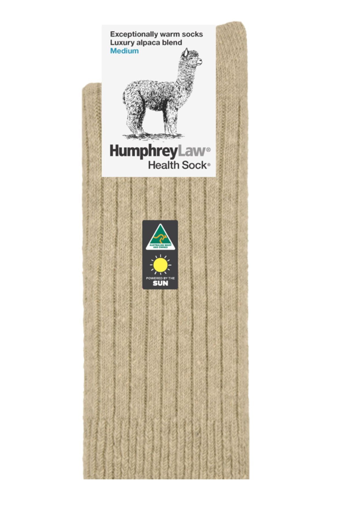 Humphrey Law Alpaca Wool Blend—beige ribbed luxury socks with a label featuring an alpaca illustration, “Exceptionally warm socks, Luxury alpaca blend, Medium,” and a sun protection icon. Branding: “Humphrey Law Health Sock.”.