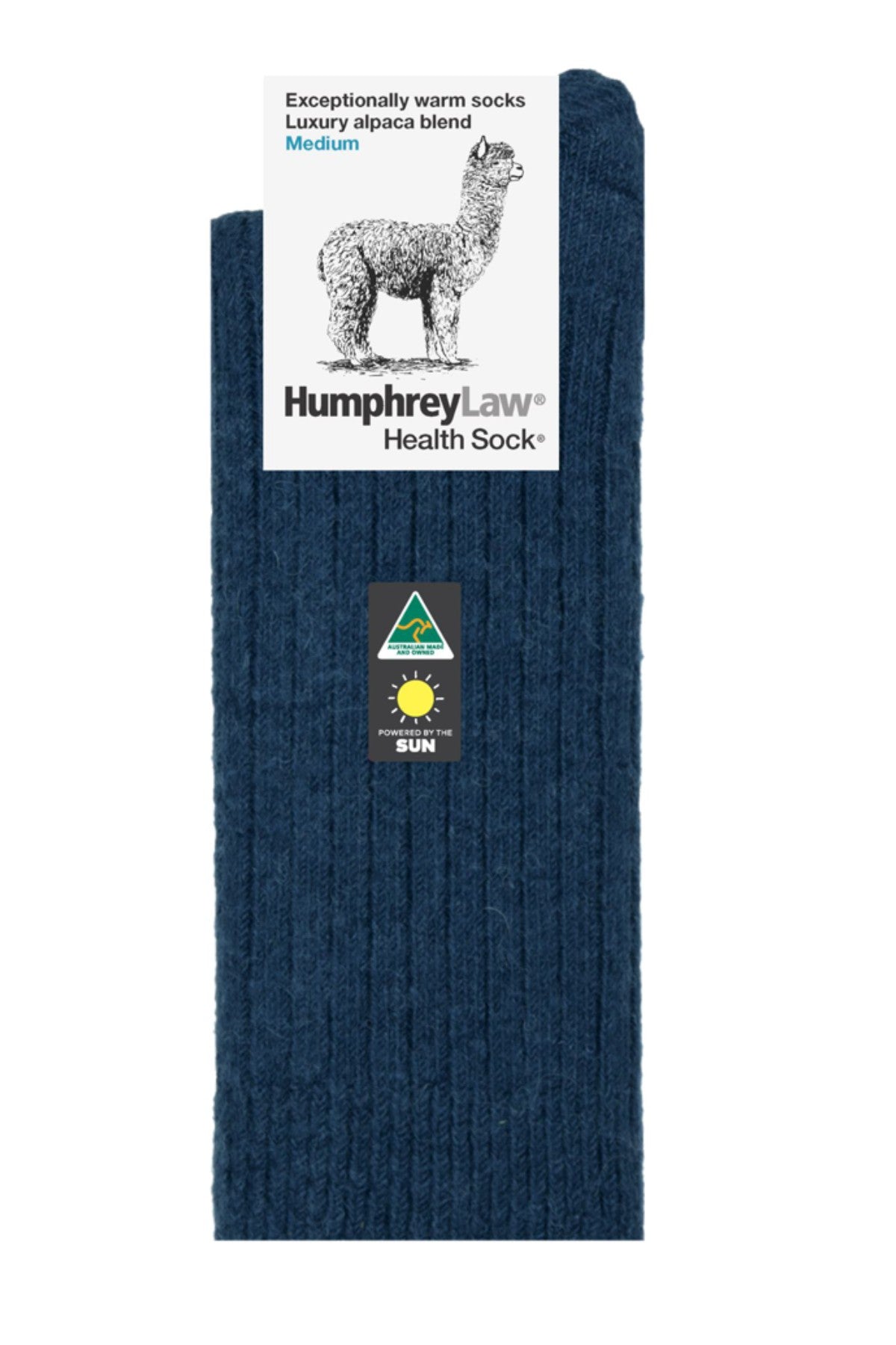 A pair of ribbed, dark blue Humphrey Law Alpaca Wool Blend socks featuring an alpaca drawing, brand name, sizing info, and Australian wool certification on the label.
