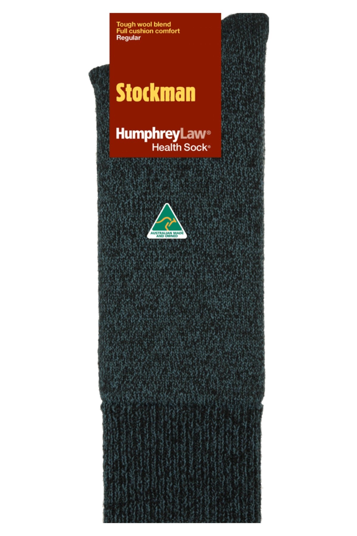 The Humphrey Law Stockman Wool Sock is a dark, full-cushion winter work sock made in Australia from a tough wool blend. It features red “Stockman” and “HumphreyLaw Health Sock” labels plus a green Australian Made logo.