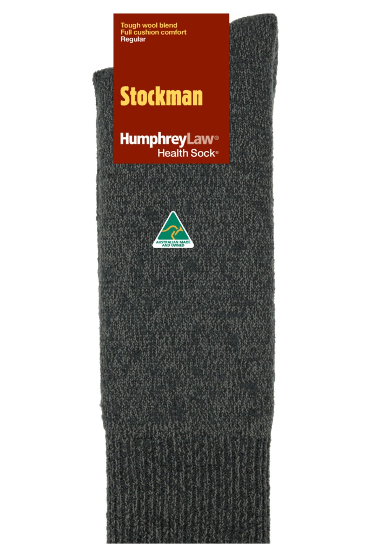 The Humphrey Law Stockman Wool Sock is a dark grey Australian-made wool sock with a green Australian Made logo and red label, featuring tough wool blend and full cushion comfort—ideal as winter work socks.