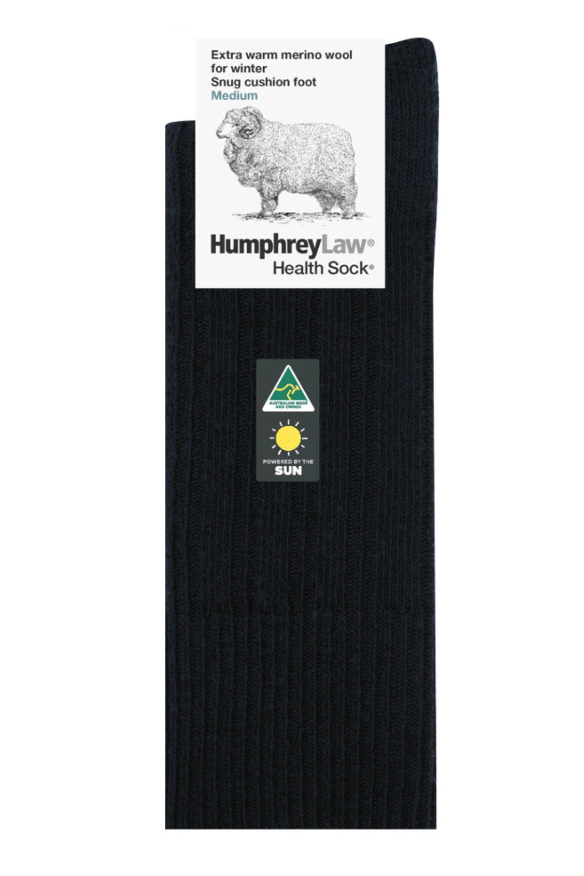 The Humphrey Law Winter Sock is a pair of black ribbed merino wool socks, size medium, featuring a sheep label and branding, made in Australia as extra warm health socks for winter.