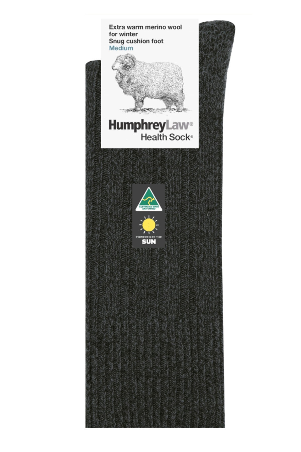 Humphrey Law Winter Sock in dark gray merino wool, packaged with sheep illustration and Australian Made logo, offers extra winter warmth and sun protection. Made in Australia.
