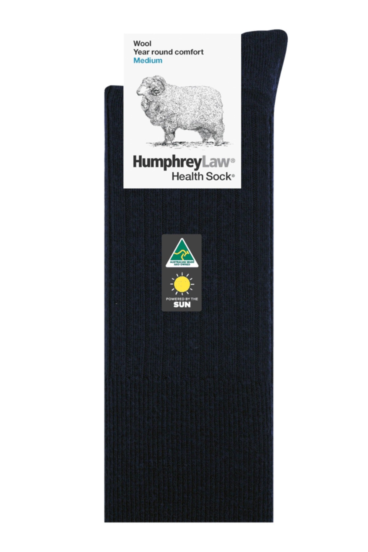 A pair of black Humphrey Law Wool Mens Health Socks with a sheep illustration, medium size tag, made in Australia label, and designed for year-round comfort.